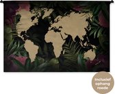 Wandkleed WereldkaartenKerst illustraties - Zandkleurige wereldkaart op zwarte achtergrond versierd met tropische bloemen en bladeren Wandkleed katoen 150x100 cm - Wandtapijt met foto