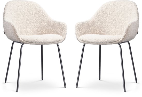 Nolon Nora-Mae Eetkamerstoelen Set van 2 Bouclé Beige - met Armleuning - Stof - Zwart Onderstel - Design - Scandinavisch - Comfortabel