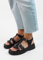 Sacha - Dames - Zwarte leren plateau sandalen met goudkleurige buckles - Maat 40