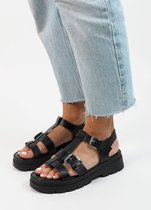 Sacha - Dames - Zwarte leren plateau sandalen - Maat 40