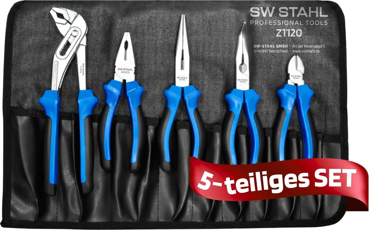 SW-Stahl Z1120 5-delige tangenset I Combinatietang klein I Zijkniptang klein I Waterpomptang 240 mm I Rechte telefoontang I Gebogen telefoontang I Gereedschapstassenset I Elektrisch gereedschaptang