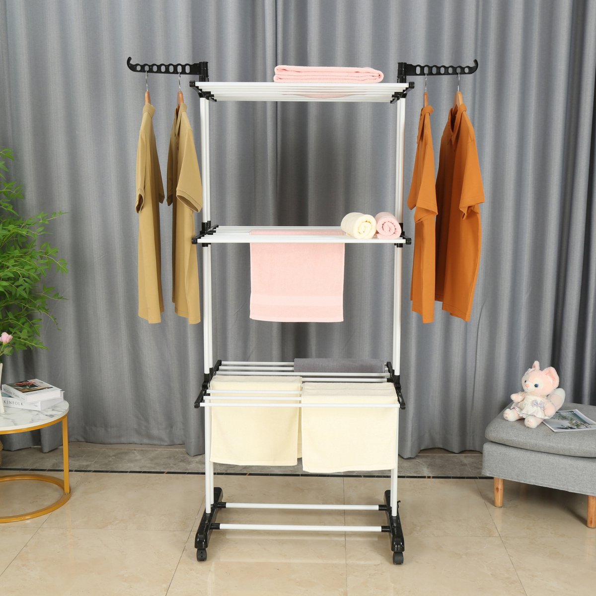 MaatShopXL | Herzberg Home & Living Herzberg Hg-8034Bw: Verhuisbaar Wasrek - Zwart Kunststof Met Witte Buizen