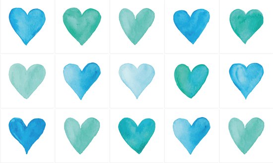 Ulticool Decoratie Sticker Tegels - Hart Zeegroen Liefde Hartjes Love Blauw - 15x15 cm - 15 stuks Plakfolie Muurstickers Tegelstickers - Plaktegels Zelfklevend - Sticktiles - Badkamer - Keuken