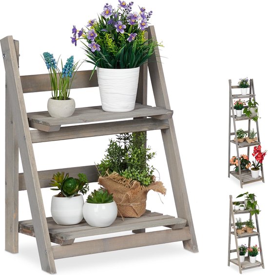 Relaxdays plantenrek - hout - plantentrap - bloemenrek - bloementrap - etagère - grijs - M