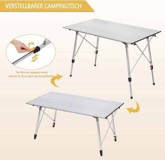 BukkitBow - Aluminium Opvouwbare Campingtafel - Lichtgewicht en In Hoogte Verstelbaar 120X68,5CM - Hoogte: 59-78,5CM - Zilver van BukkitBow — afbeelding 5