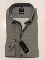 OLYMP Level 5 Body Fit overhemd - donkerblauw met wit en bruin mini dessin - boordmaat 44
