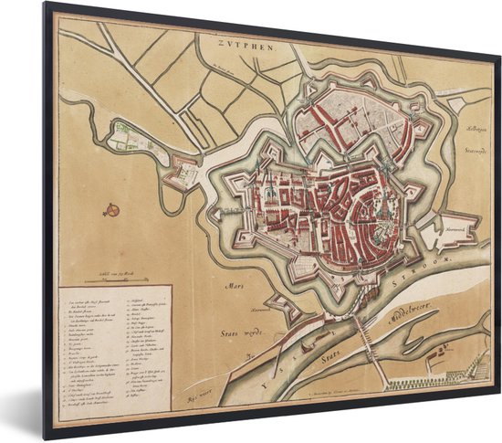 Photo encadrée - Un plan de ville coloré et historique de Zutphen cadre photo noir - Carte 40x30 cm - Affiche encadrée (Décoration murale salon / chambre)