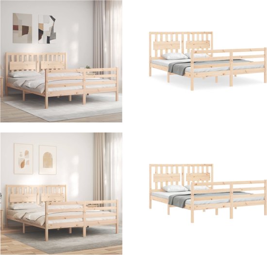 vidaXL Bedframe met hoofdbord massief hout 160x200 cm - Bedframe - Bedframes - Bed - Tweepersoonsbed