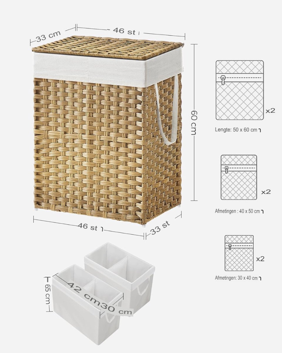 taschenmeister 90L Design-wasmand met opklapbare deksel en hoogwaardige uitstraling - 2 aparte vakken met uitneembare katoenen zakjes met handgrepen - ruimtebesparend, ademend