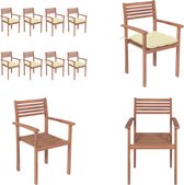 vidaXL Chaises de jardin empilables 8 pcs avec coussins Bois de teck massif - Chaise empilable - Chaises empilables - Chaise en bois - Chaises en bois