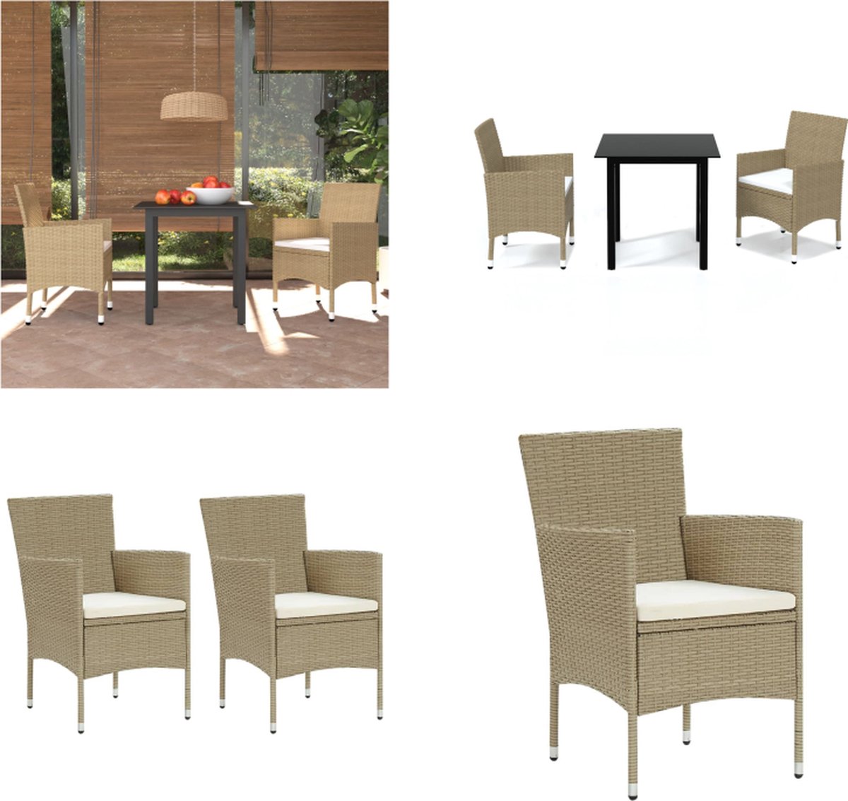 VidaXL 3-delige Tuinset met kussens poly rattan beige Eethoek Eethoeken Eetset Eetsets