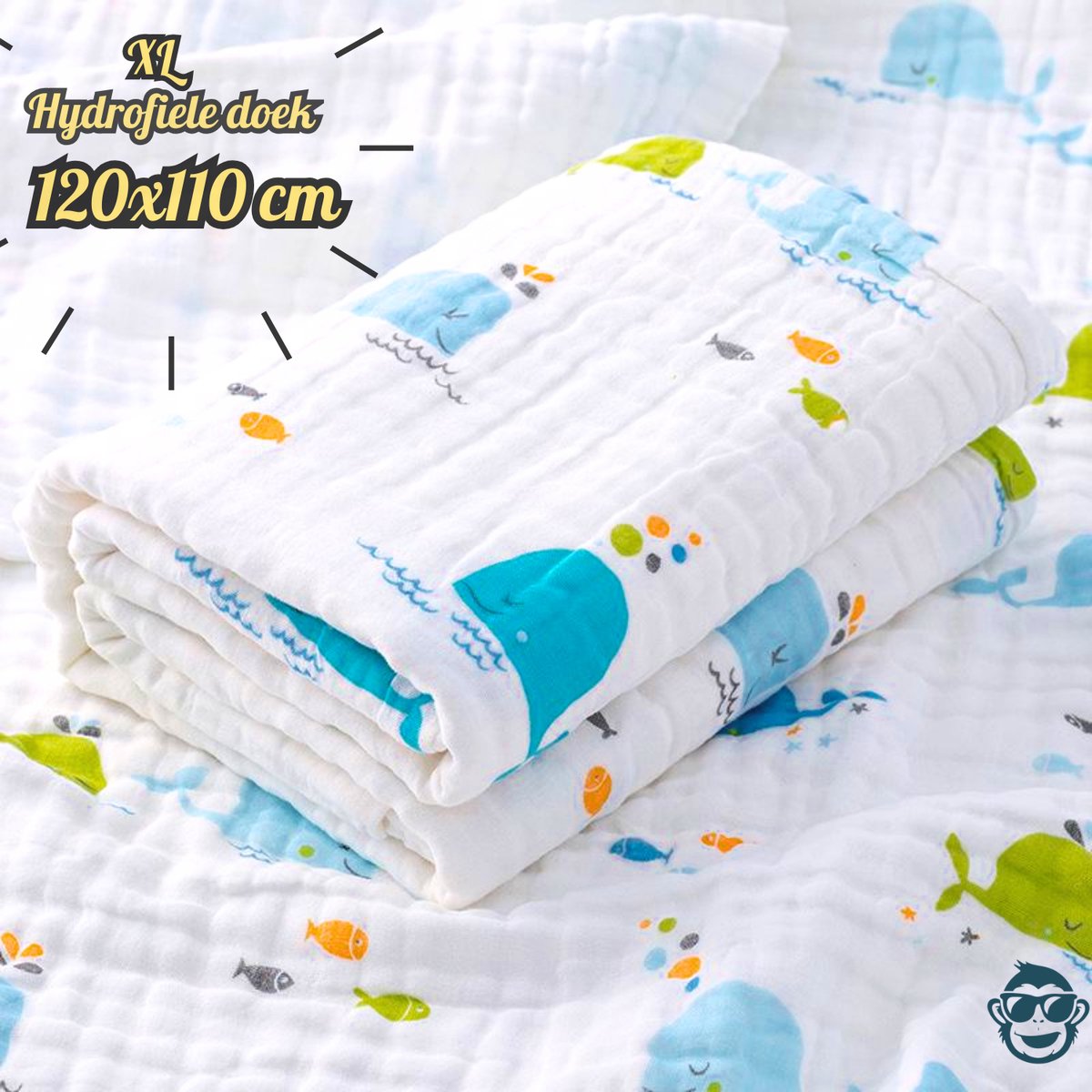 Goedkoopste BoefieBoef XL Hydrofiele Doek 120x110cm - Zachte Bamboe Swaddle, Inbakerdoek, Mousseline Doek voor Baby's en Newborns 0 tot 12 maanden - Walvissen Wit - Dubbellaags, Ademend en Absorberend - Kerst en KraamCadeau - Duurzaam - Babydeken - Blauw Groen