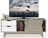 Modern tv-rek, tv-kast voor tv's tot 60 inch, tv-lowboard met 2 laden & 2 schuifdeuren & kabelgeleidingsgat, tv-kast voor woonkamer slaapkamer (eiken)