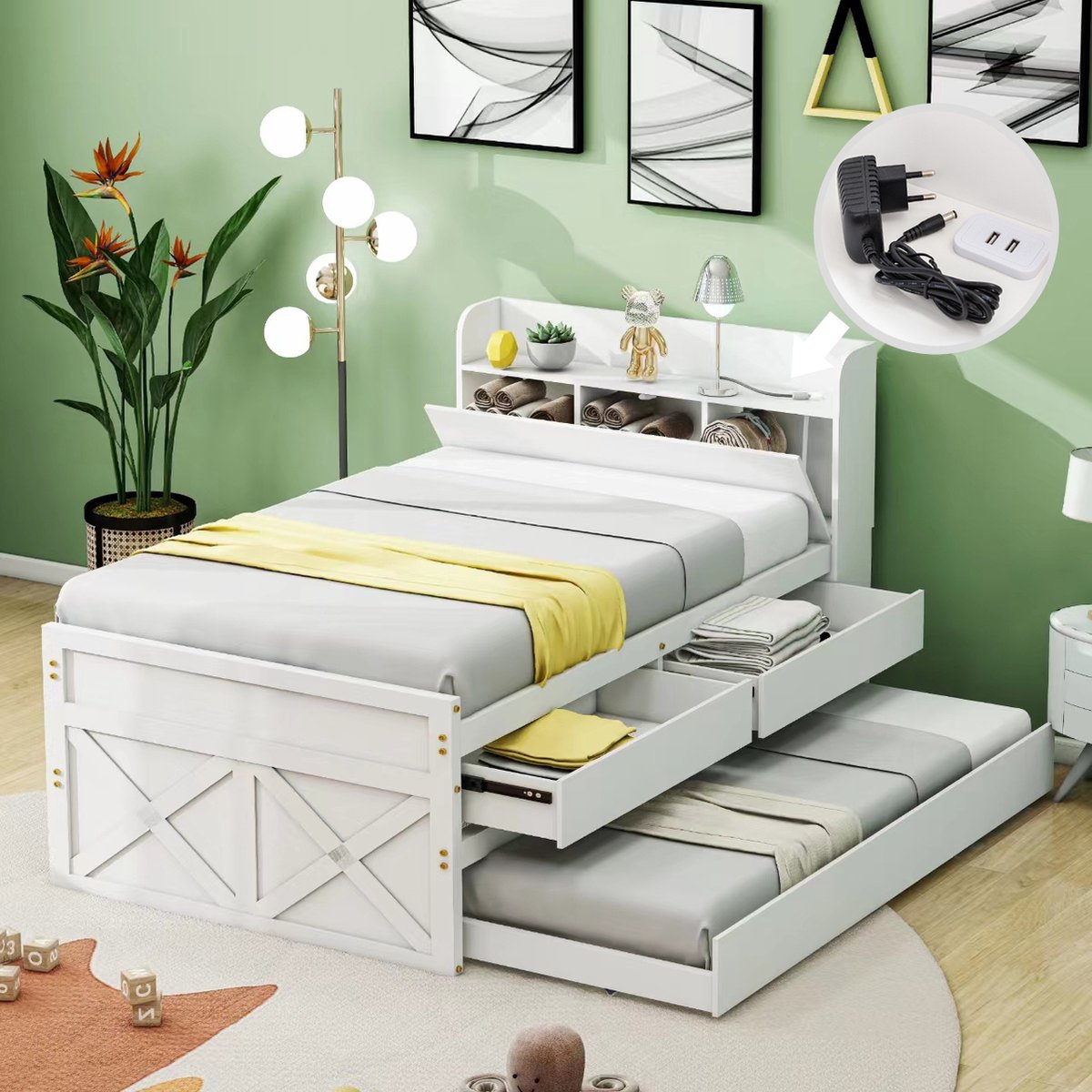 Eenpersoonsbed massief houten bed 90x190 - multifunctioneel grenen bed met uittrekbare lade lattenbodem-nachtkastje met planken met USB-aansluiting - wit