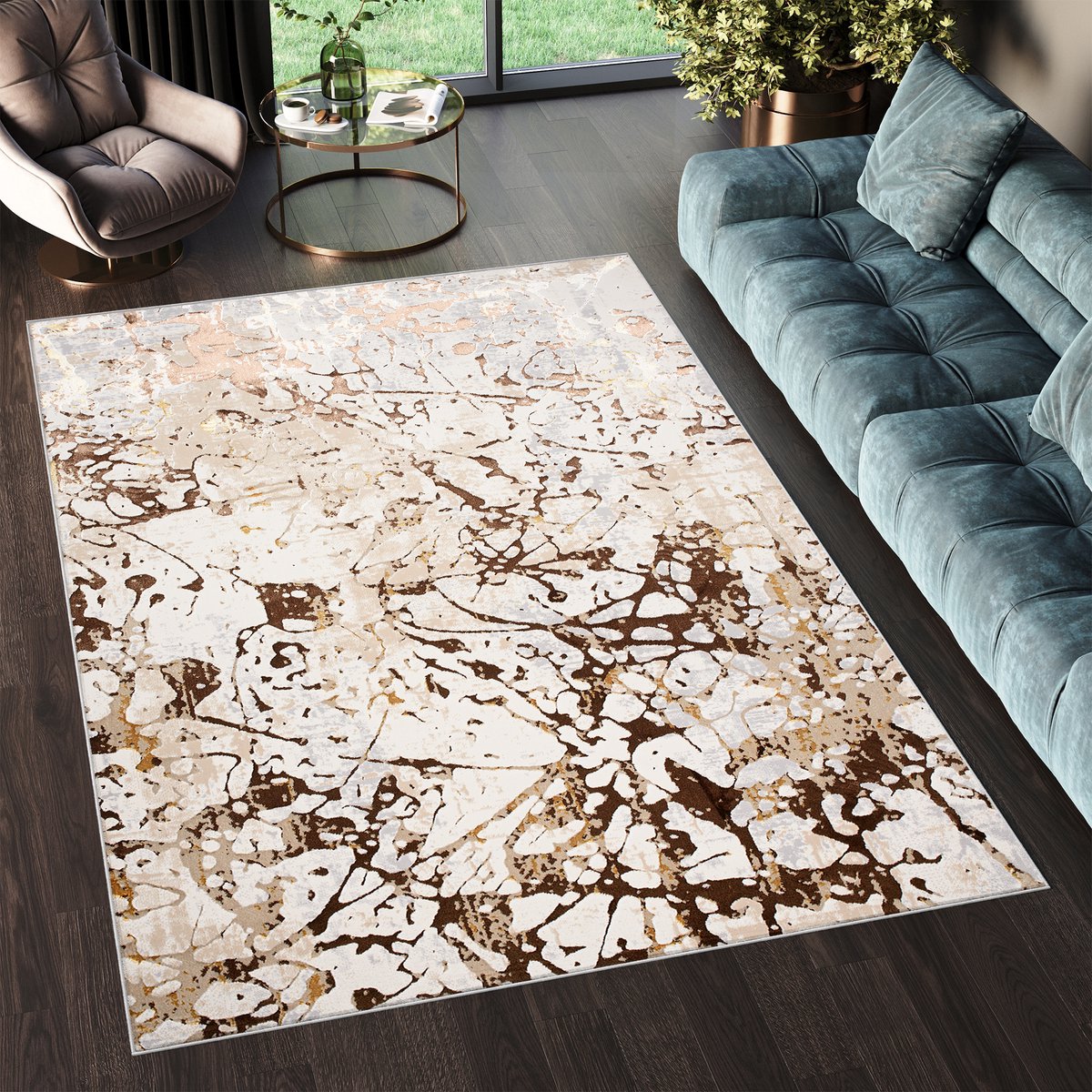 Tapiso Golden Vloerkleed Tapijt Beige Bruin Laagpolig Maat- 80x150