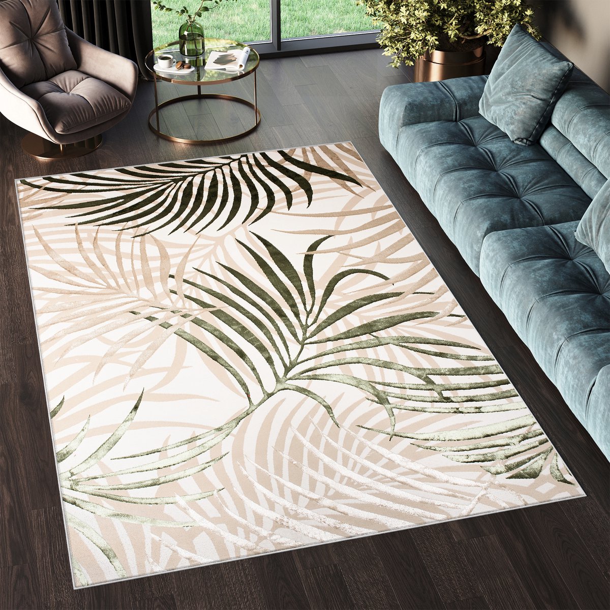 Tapiso Golden Vloerkleed Beige Licht Donker Bladeren Modern Tapijt Maat- 120x170 Beige Goudkleur