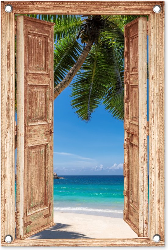 Tuinposter 40x60 cm - Strand - Doorkijk - Palmboom - Zee - Eiland - Lichtbruine deur - Tuindecoratie voor buiten - Schutting decoratie - Muurdecoratie - Tuin schilderij - Tuindoek - Buitenposter