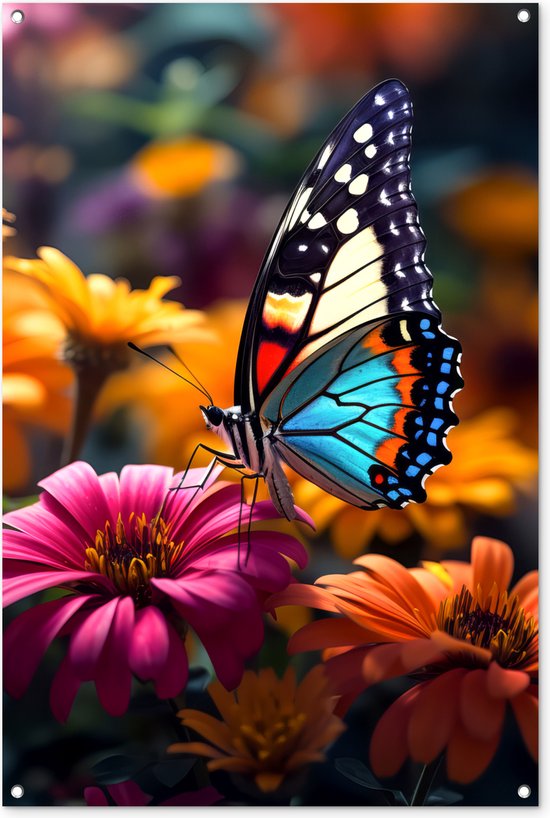 Tuinposter vlinder - Tuindecoratie - Vlinder op bloemen - 80x120 cm - Poster voor in de tuin - Buiten decoratie - Schutting tuinschilderij - Tuindoek muurdecoratie - Wanddecoratie balkondoek