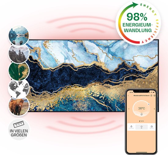 Klarstein Wonderwall Air Art Slimme Infrarood Verwarming - Warmtepaneel - 120X60 Cm - 700 W - 14 M² - Design Front - App Controle - Geruisloos - Wandmontage - Afstandsbediening - Praktisch - Thermostaat - Weektimer - Ip44 - Motief: Blauw Marmer