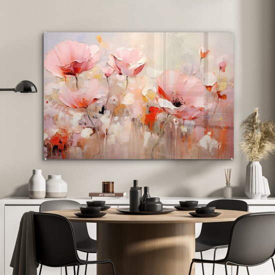 MuchoWow® Glasschilderij 90x60 cm - Schilderij acrylglas - Bloemen - Watercolor - Roze - Abstract - Kunst - Foto op glas - Muurdecoratie woonkamer - Wanddecoratie slaapkamer - Schilderijen