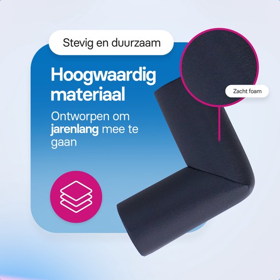 Een hoekbeschermer van donkerblauw schuim, met tekst over stevig en duurzaam, hoogwaardig materiaal.