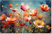 Tuinposter bloemen - Tuindecoratie abstracte kunst - 120x80 cm - Kleurrijke poster voor in de tuin - Buiten decoratie - Schutting tuinschilderij - Tuindoek muurdecoratie - Wanddecoratie balkondoek