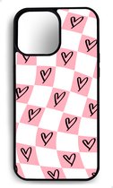 Ako Design Apple iPhone 15 Pro Max hoesje - Ruiten hartjes patroon - Roze - TPU Rubber telefoonhoesje - hard backcover