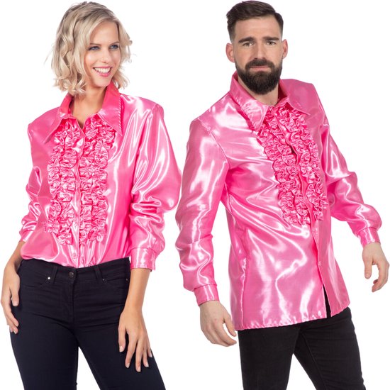 Jaren 80 & 90 Kostuum | Roze Ruchesblouse Satijn Foute Disco | | Carnaval kostuum | Verkleedkleding