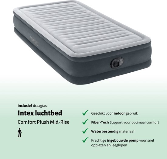 Matelas gonflable Intex - 1 Personne - 99 x 191 x 33 cm - Grijs - Pompe incluse - Hoeslaken - Oreiller - Kit de réparation et protège-oreiller