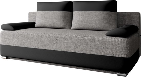 Slaapbank ATLANTA – 3-zits – Uitklapbaar tot tweepersoonsbed – Sofa Set - Met Opbergruimte en Binnenvering – Geweven stof en kunstleer – Grijs+ Zwart