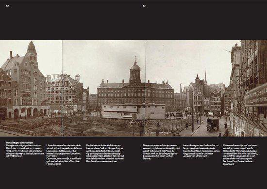 Sepia foto van het Dam-plein in Amsterdam rond 1910, met het Paleis, de Nieuwe Kerk en winkelpanden.