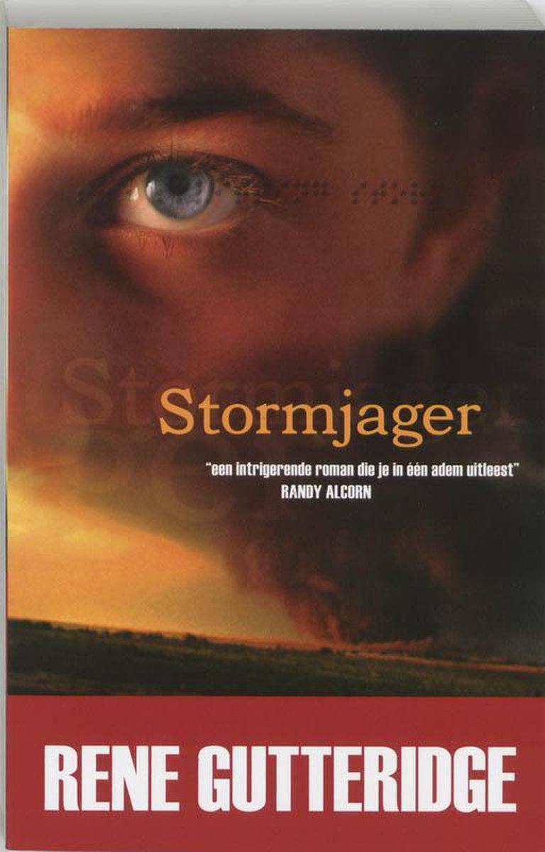 Boekomslag "Stormjager" met een oog, een tornado en de tekst "Stormjager".