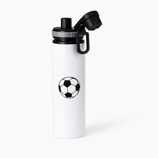 Bouteille d'eau blanche avec un imprimé ballon de football noir et un bouchon à vis gris.