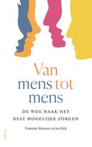 Boekomslag met de titel 'Van mens tot mens'. Twee profielen, één blauw en één roze, overlappen een geel profiel.