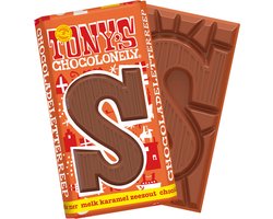 Tony's Chocolonely - Chocoladeletter - Melk Karamel Zeezout - Sinterklaas - Schoencadeautjes - Sint Cadeau - 180 Gram - Fairtrade Belgische Chocola