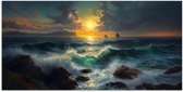 Poster 120x60 cm - Zee - Zon - Golven - Rotsen - Posters - Kamer decoratie - Wanddecoratie woonkamer - Muurdecoratie slaapkamer