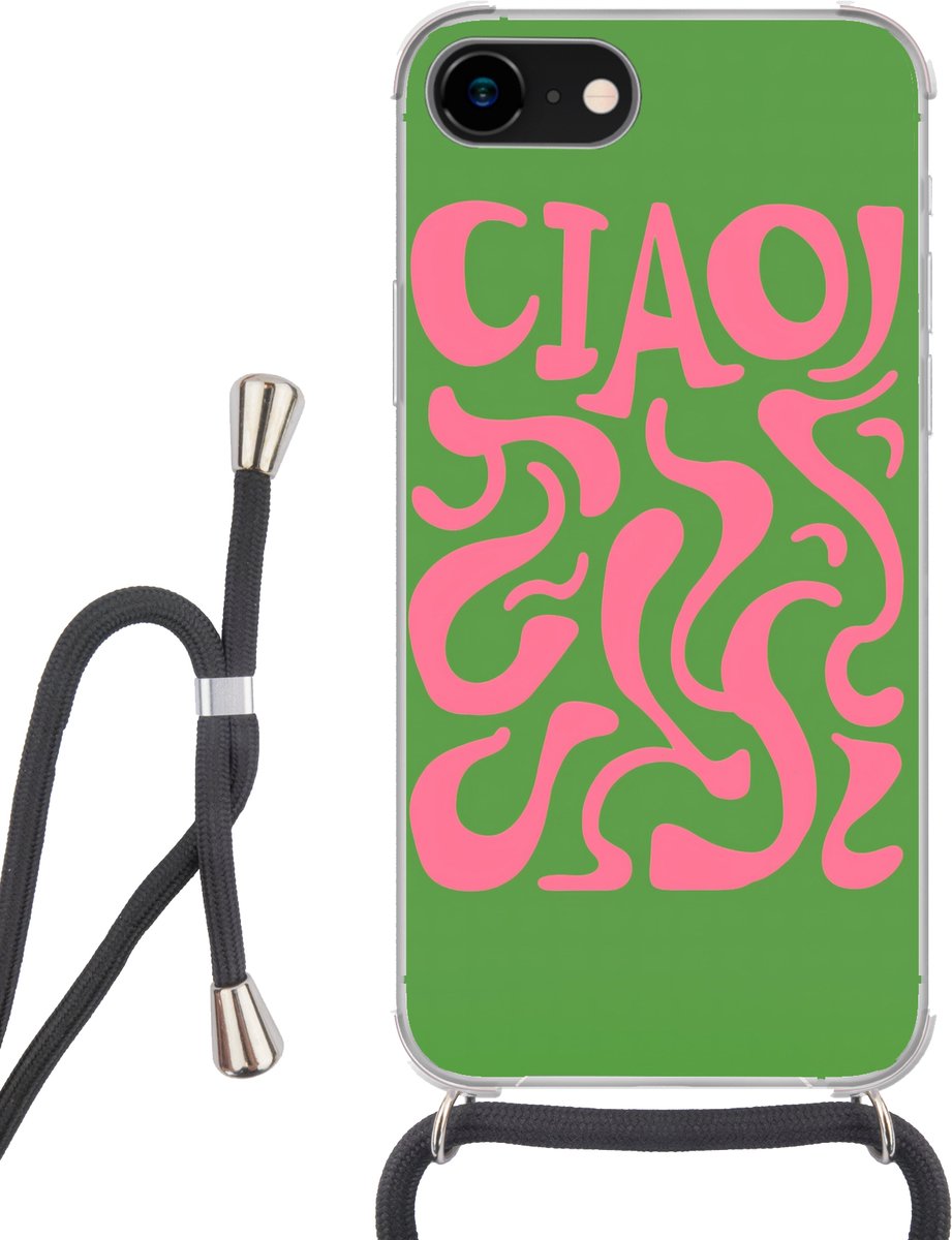 Telefoonhoesje Geschikt voor iPhone 8 - Abstract - Roze - Ciao - Vormen - Siliconen - Crossbody - Backcover met Koord - Telefoonhoesje met koord - Hoesje met touw Telefoonhoesje