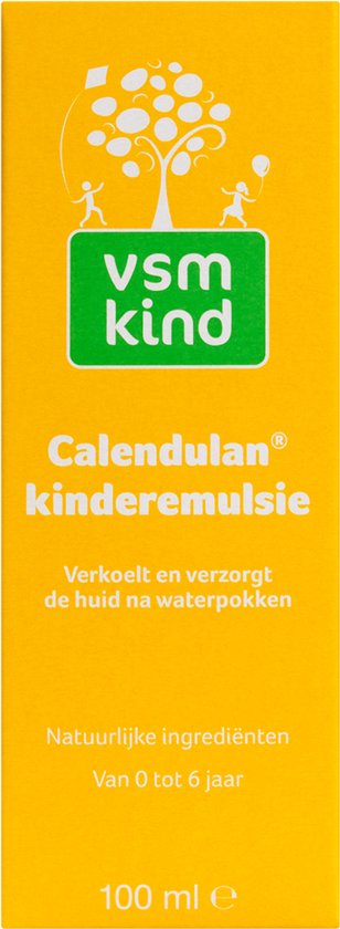 Gele doos van VSM Calendulan kinderemulsie, met kinderillustraties en de tekst "Verkoelt en verzorgt de huid na waterpokken".