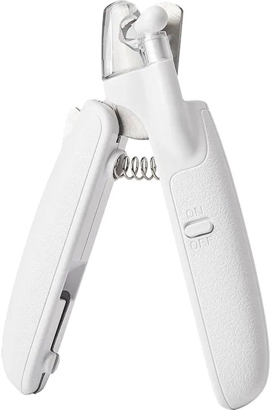 Witte PETKIT nagelknipper met LED-lampje en schuurvijl, met de knipper geopend.