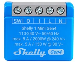 Shelly 1 Mini Gen4 - Slimme Inbouwschakelaar - Wifi Relais - Matter & Zigbee - Potentiaalvrij Contact - 8 A - 1 stuk