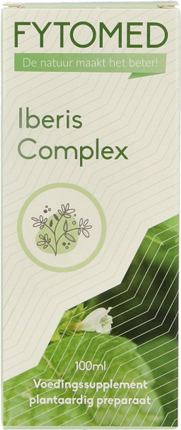 Doos FYTOMED Iberis Complex. Groene bladeren op de voorgrond, met cirkelvormige plantenillustratie.