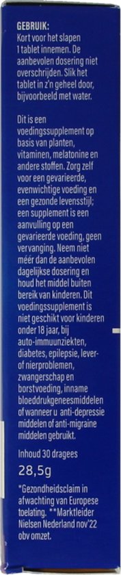 Zijkant van de Valdispert Slaap & Nacht verpakking met gebruiksaanwijzing en inhoud.