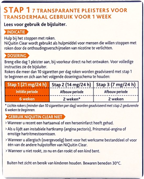 Binnenzijde van NiQuitin Clear doosje met doseringsinstructies voor stoppen met roken.