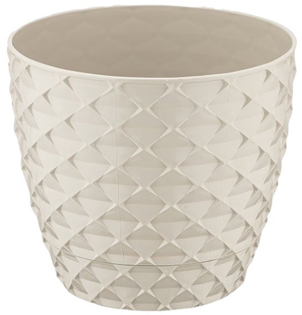 3+2 - Bloempotten - rond crème met afwatering en wateropvang - 5 ronde beige sierpotten