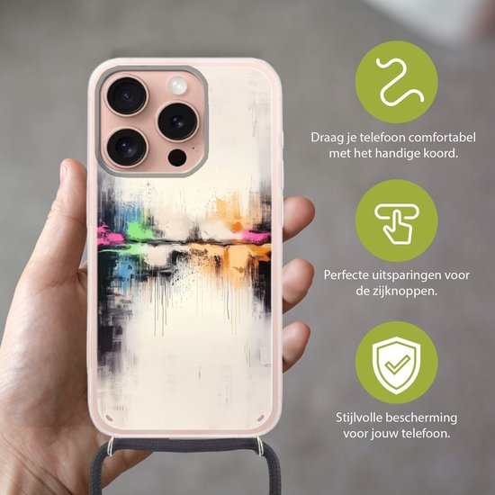 Telefoonhoesje Geschikt voor iPhone 16 Pro - Abstract - Kleurexplosie - Landschap - Siliconen - Crossbody - Backcover met Koord - Telefoonhoesje met koord - Hoesje met touw Telefoonhoesje