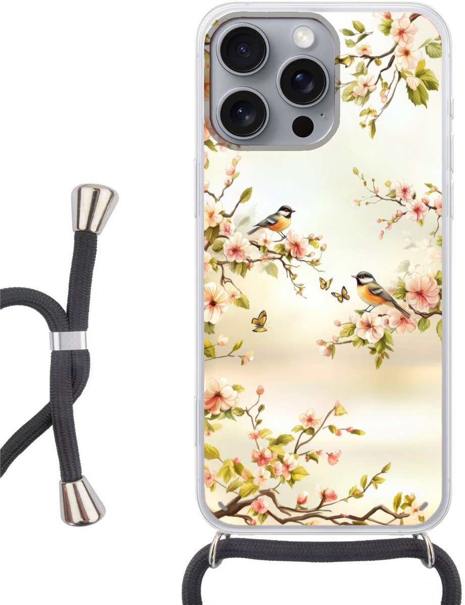Telefoonhoesje Geschikt voor iPhone 16 Pro Max - Takken - Bloemen - Vogeltjes - Roze - Siliconen - Crossbody - Backcover met Koord - Telefoonhoesje met koord - Hoesje met touw Telefoonhoesje