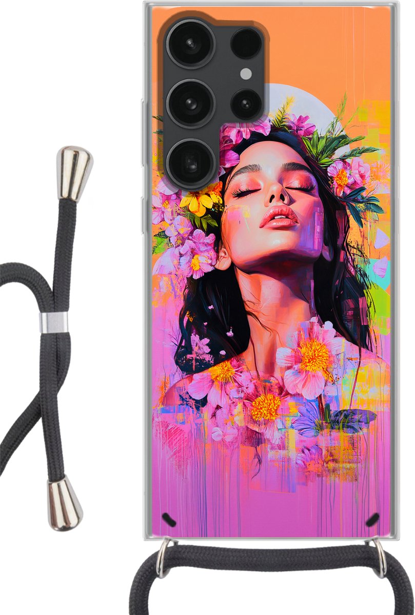 Telefoonhoesje Geschikt voor Samsung Galaxy S23 Ultra - Portret - Bloemenkroon - Vrouw - Siliconen - Crossbody - Backcover met Koord - Telefoonhoesje met koord - Hoesje met touw Telefoonhoesje