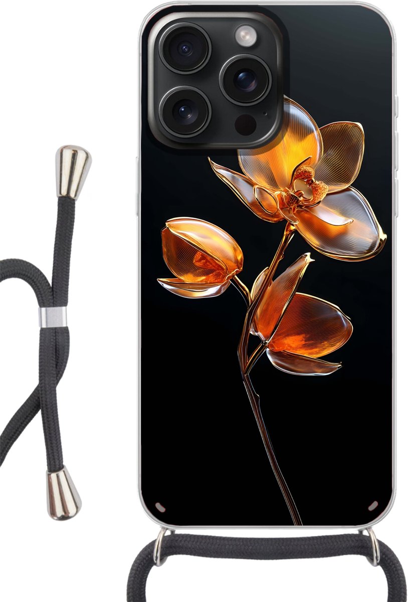 Telefoonhoesje Geschikt voor iPhone 15 Pro Max - Bloem - Orchidee - Oranje - Siliconen - Crossbody - Backcover met Koord - Telefoonhoesje met koord - Hoesje met touw Telefoonhoesje