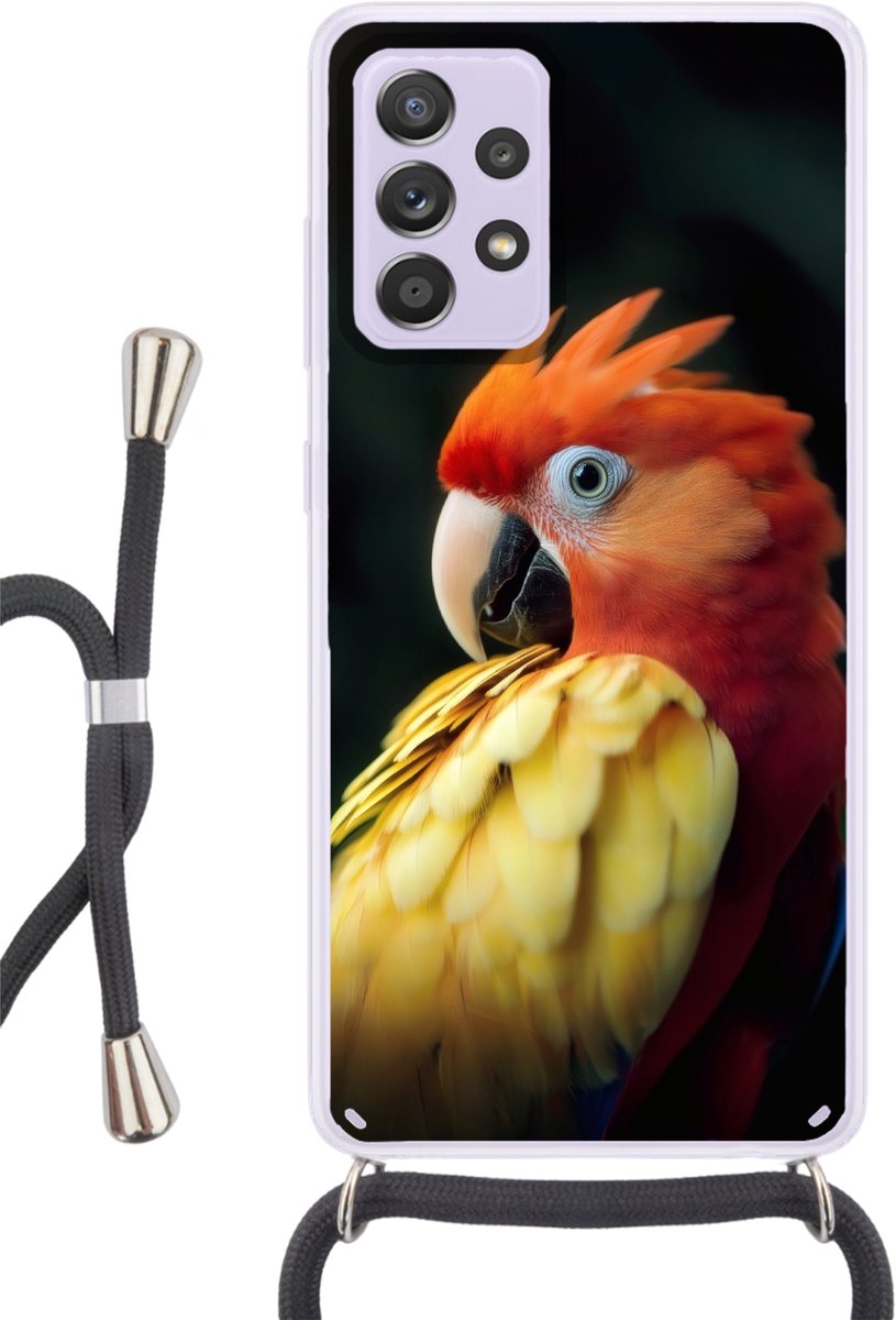 Telefoonhoesje Geschikt voor Samsung Galaxy A53 5G - Close-up - Papegaai - Veren - Oranje - Siliconen - Crossbody - Backcover met Koord - Telefoonhoesje met koord - Hoesje met touw Telefoonhoesje