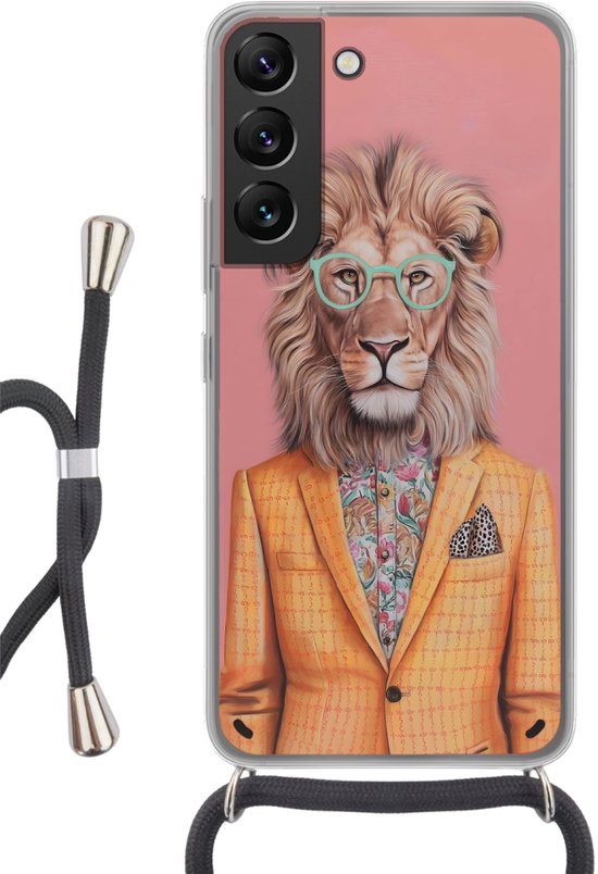 Telefoonhoesje Geschikt voor Samsung Galaxy S22 - Leeuw - Pak - Geruit - Bril - Siliconen - Crossbody - Backcover met Koord - Telefoonhoesje met koord - Hoesje met touw Telefoonhoesje